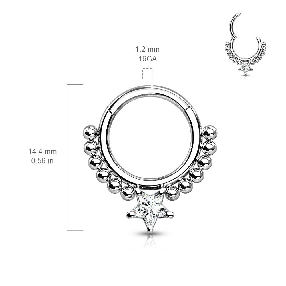 Star Shaped CZ Crystal and Ball Lined Hoop Hinged Segment Ring
- Precision All 316L Surgical Steel
