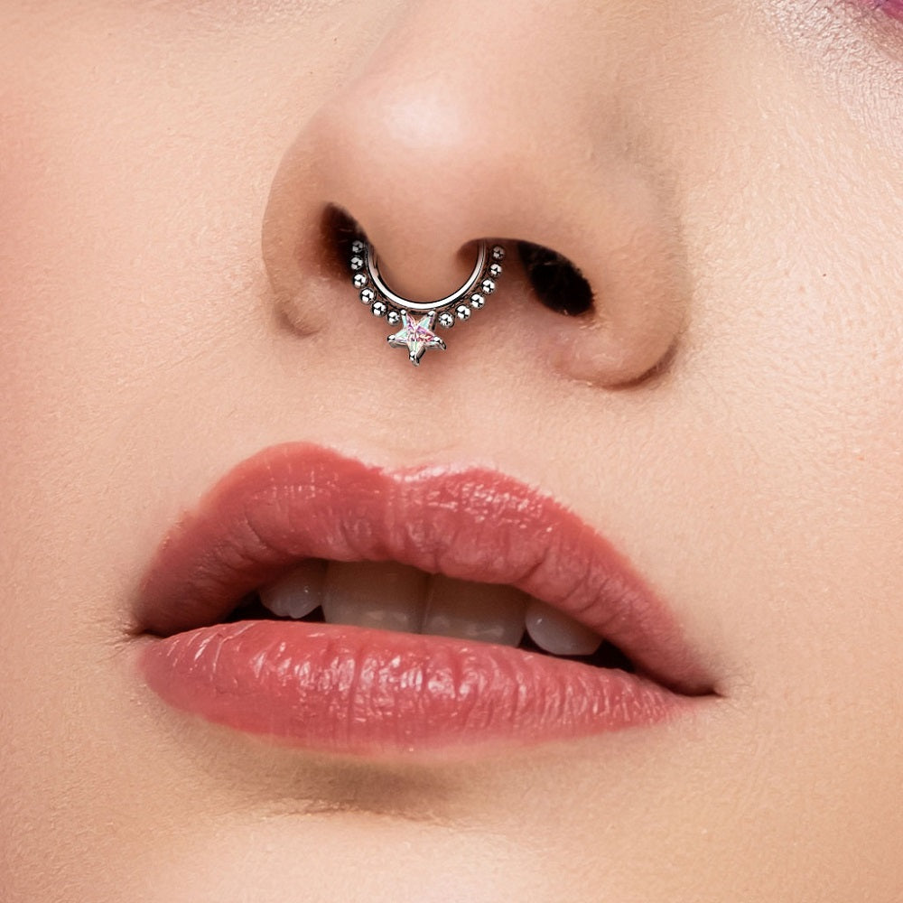 Star Shaped CZ Crystal and Ball Lined Hoop Hinged Segment Ring
- Precision All 316L Surgical Steel