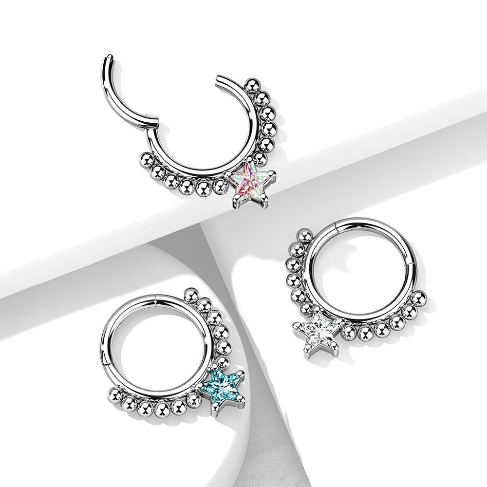Star Shaped CZ Crystal and Ball Lined Hoop Hinged Segment Ring
 - Precision All 316L Surgical Steel