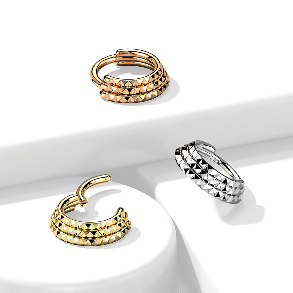 Triple Lined Pyramid Cut Hinged Segment Ring - 316L Stainless Steel
