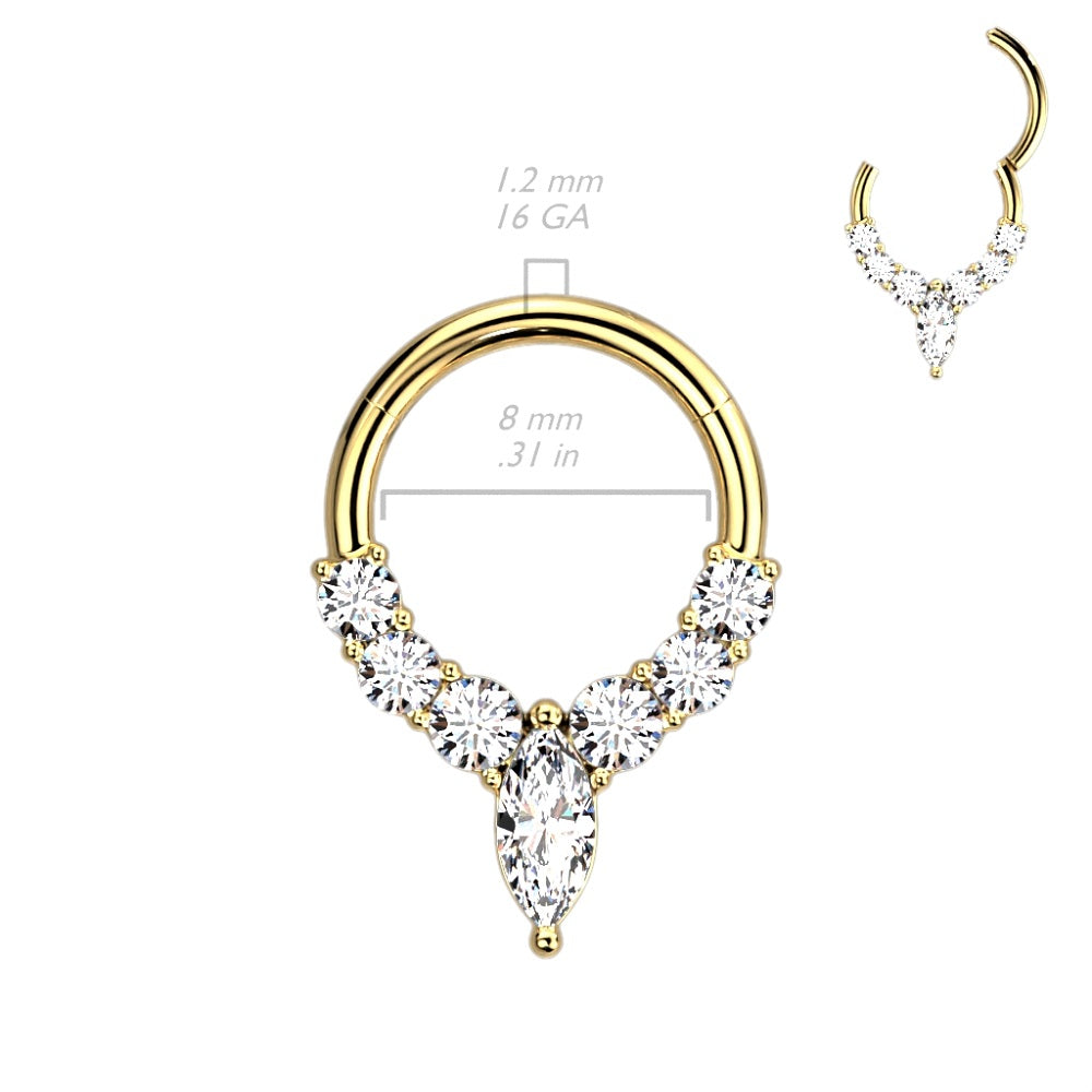 Precision All CZ Crystal Lined and Marquise Center Hinged Segment Ring - 316L Stainless Steel