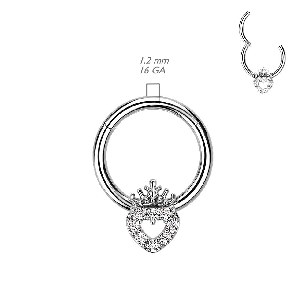 Precision All CZ Crystal Paved Hollow Heart and Crown Top Hinged Segment Ring - 316L Stainless Steel
