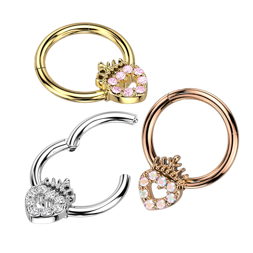 Precision All CZ Crystal Paved Hollow Heart and Crown Top Hinged Segment Ring - 316L Stainless Steel
