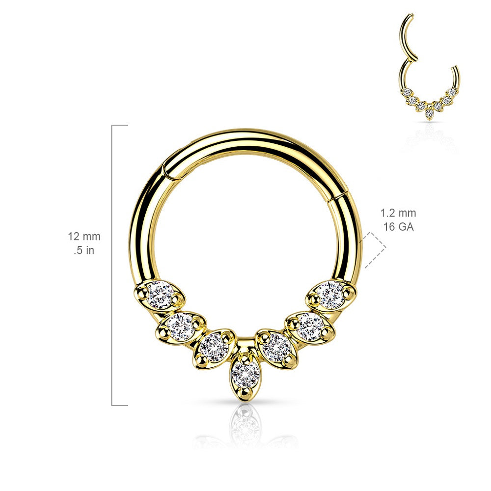 Multi CZ Crystal Leaves Lined Hinged Segment Ring - 316L Stainless Steel