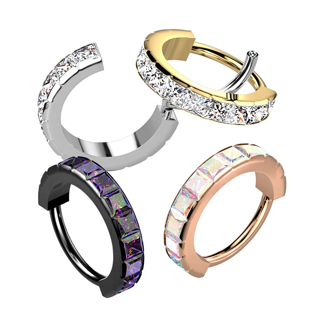 Precision Wide Outward Facing Square CZ Crystals Hinged Segment Ring - 316L Stainless Steel