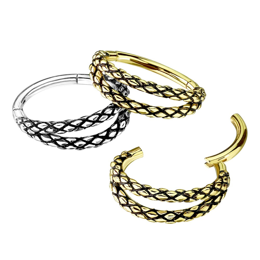 Precision All Oxidized Lizard Skin Patterned Double Hoop Hinged Segment Ring - 316L Stainless Steel