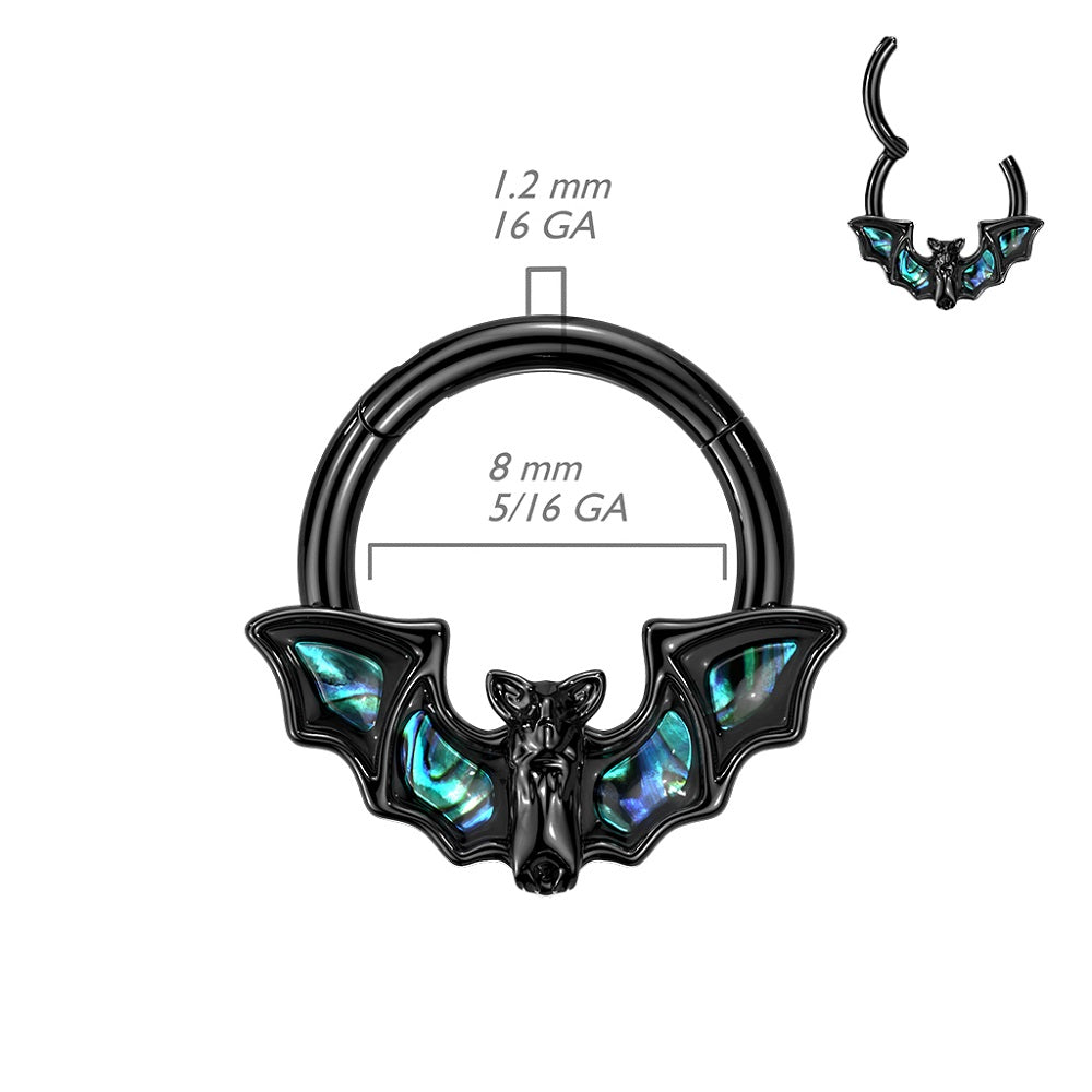 Bat with Abalone Shell Wings Hinged Segment Ring - 316L Stainless Steel
