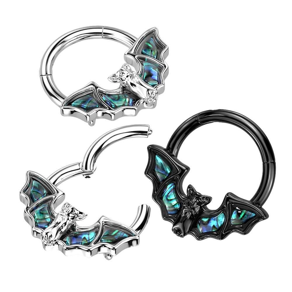 Bat with Abalone Shell Wings Hinged Segment Ring - 316L Stainless Steel