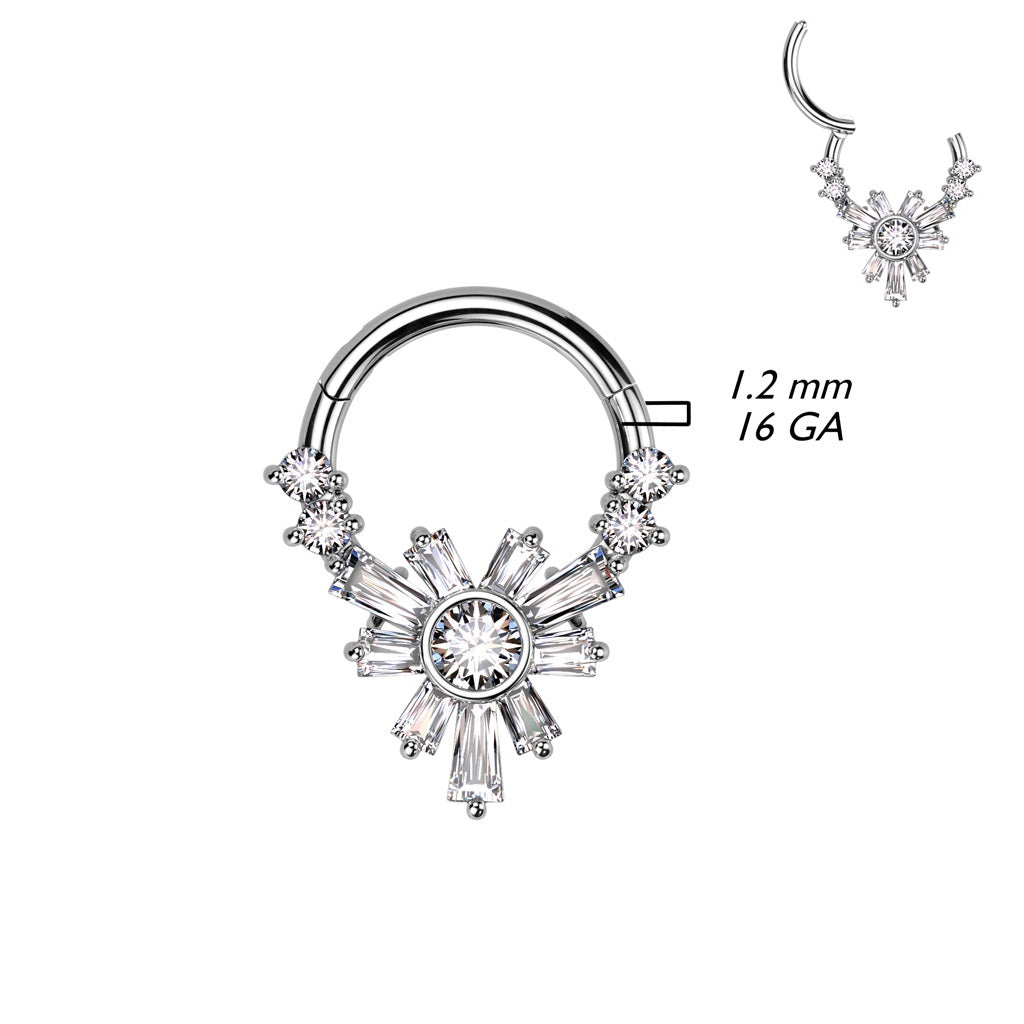 Baguette CZ Crystal Flower Front Hinged Segment Ring - 316L Stainless Steel