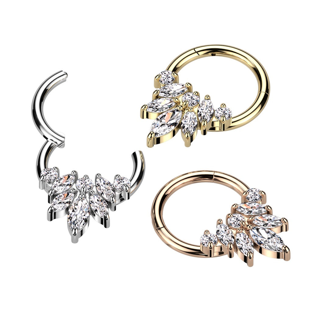 Marquise CZ Crystal Flower Center Hinged Segment Ring - 316L Stainless Steel