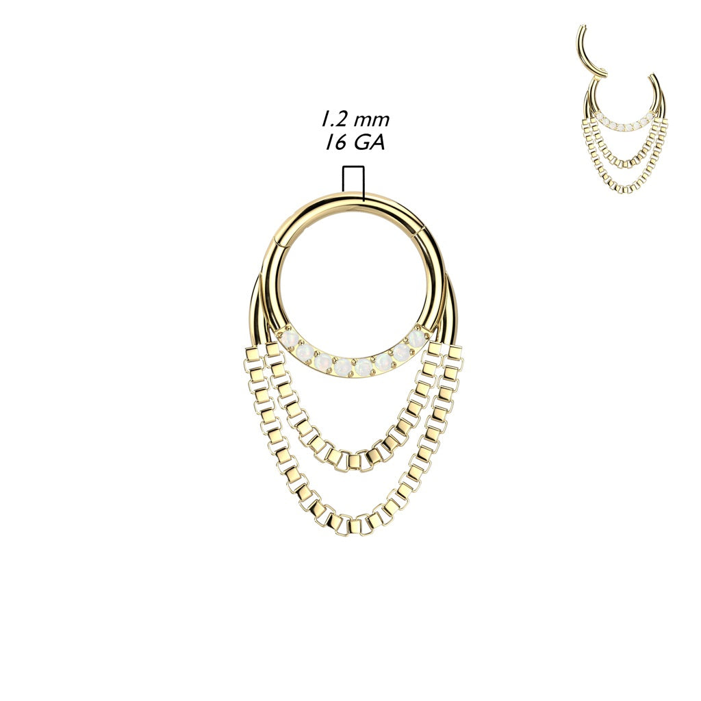 CZ Crystal Paved Front Facing Hoop with Double Dangling Chains Hinged Segment Ring - 316L Stainless Steel