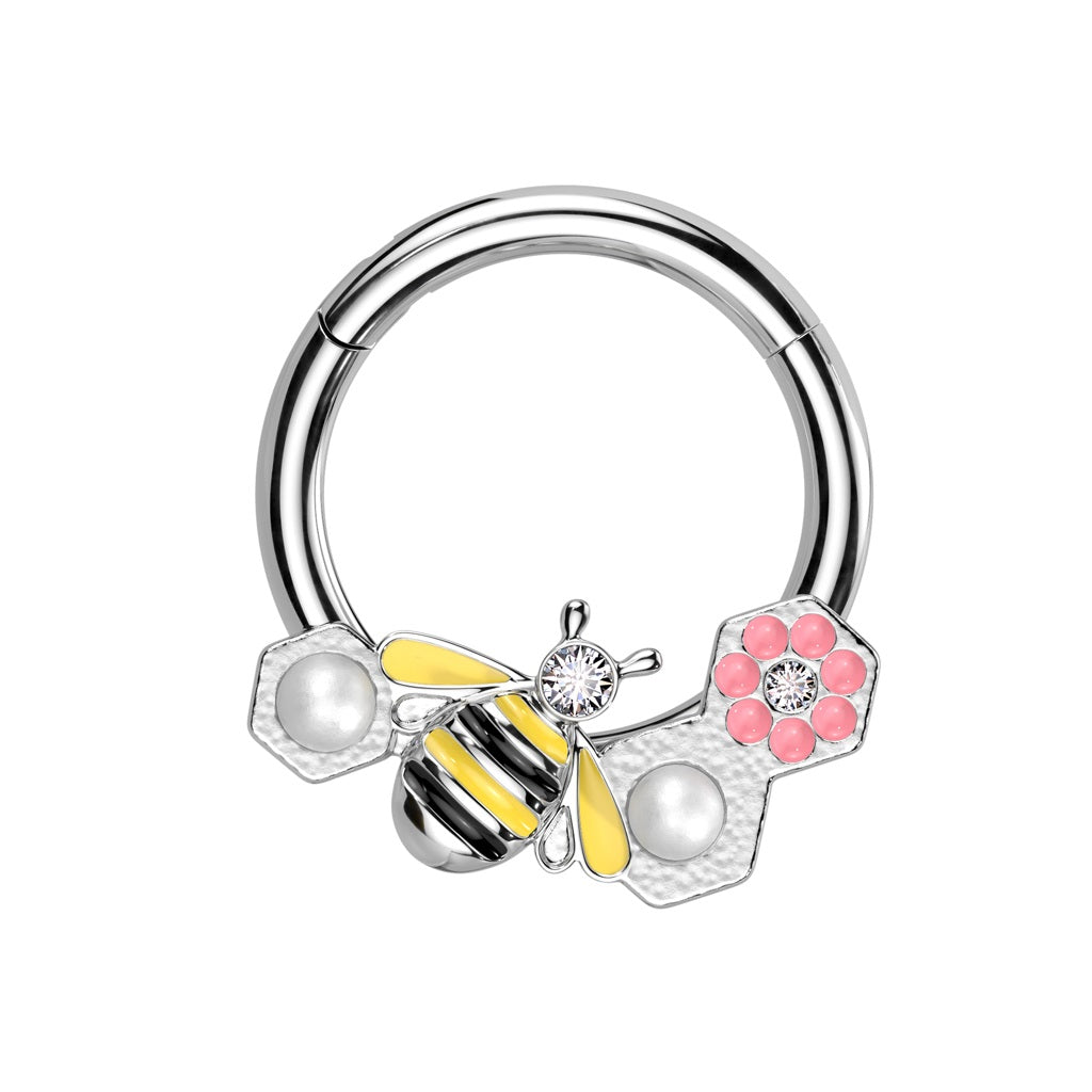 Bee and Pink Flower with CZ Crystal and Synthetic Pearls Hinged Segment Clicker Ring - 316L Stainless Steel