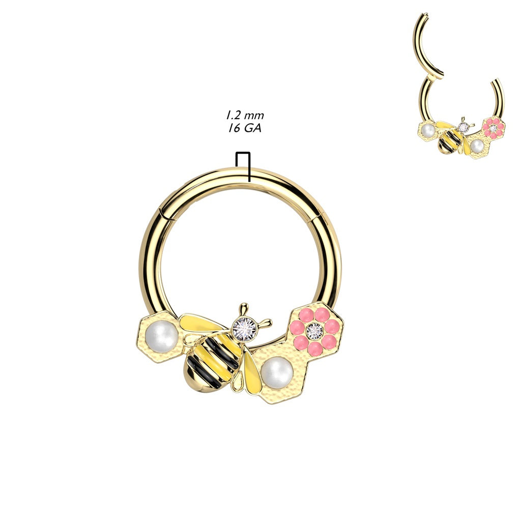 Bee and Pink Flower with CZ Crystal and Synthetic Pearls Hinged Segment Clicker Ring - 316L Stainless Steel