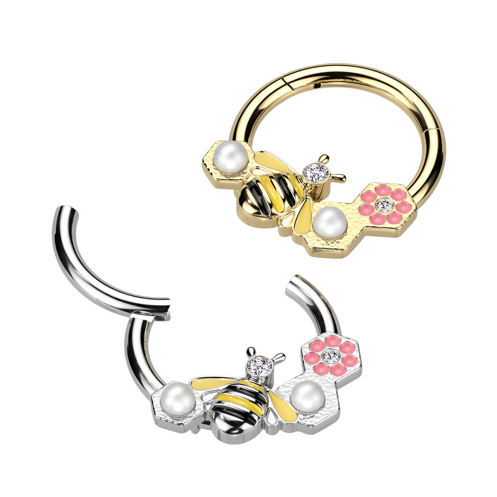 Bee and Pink Flower with CZ Crystal and Synthetic Pearls Hinged Segment Clicker Ring - 316L Stainless Steel