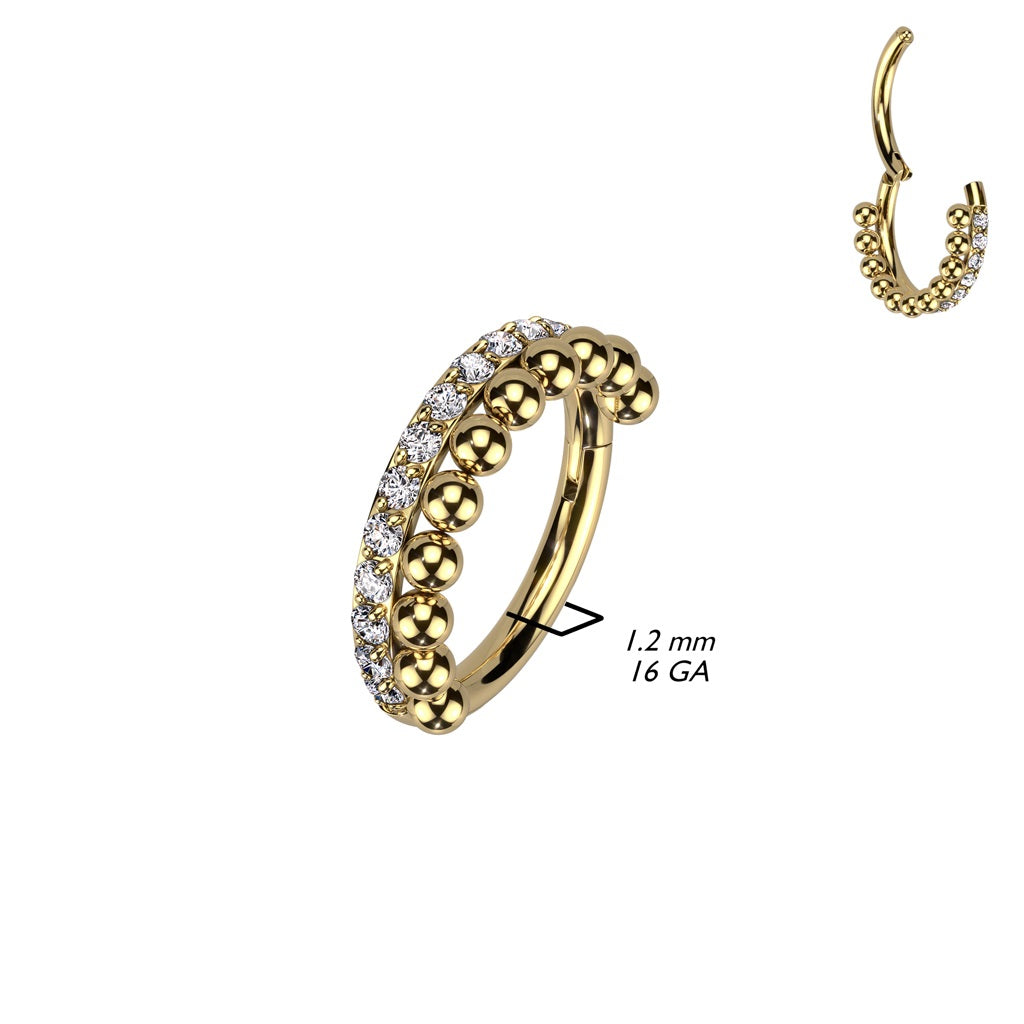 CZ Crystal and Beaded Ball Lined Hinged Segment Ring - 316L Stainless Steel