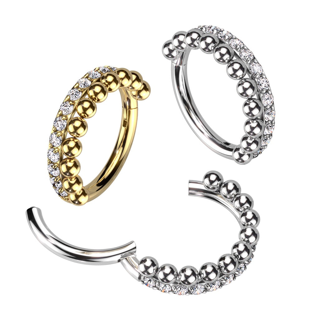 CZ Crystal and Beaded Ball Lined Hinged Segment Ring - 316L Stainless Steel