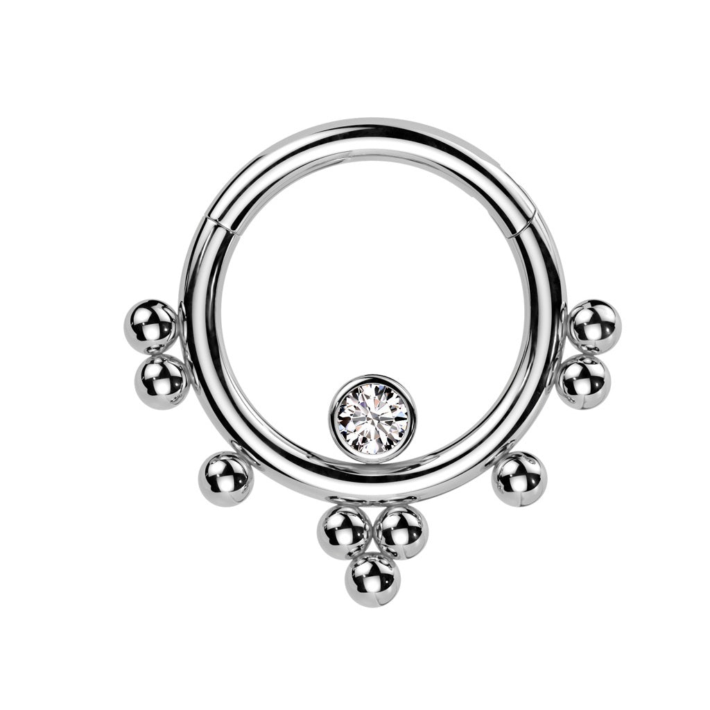 CZ Crystal Center with Ball Clusters Hinged Segment Clicker Ring - 316L Stainless Steel