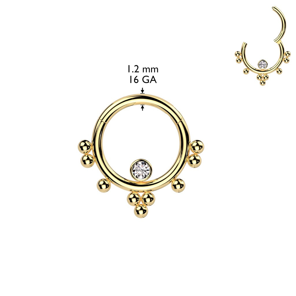 CZ Crystal Center with Ball Clusters Hinged Segment Clicker Ring - 316L Stainless Steel
