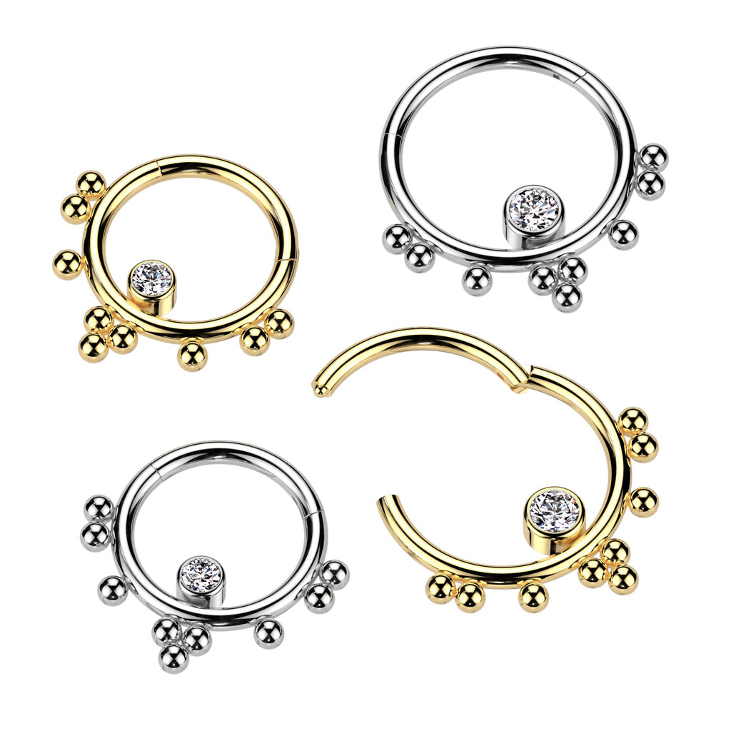 CZ Crystal Center with Ball Clusters Hinged Segment Clicker Ring - 316L Stainless Steel