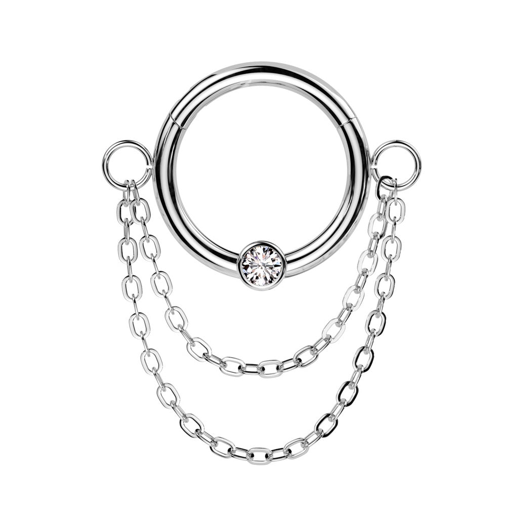Bezel Set CZ Crystal with Double Dangling Chains Hinged Segment Clicker Ring - 316L Stainless Steel