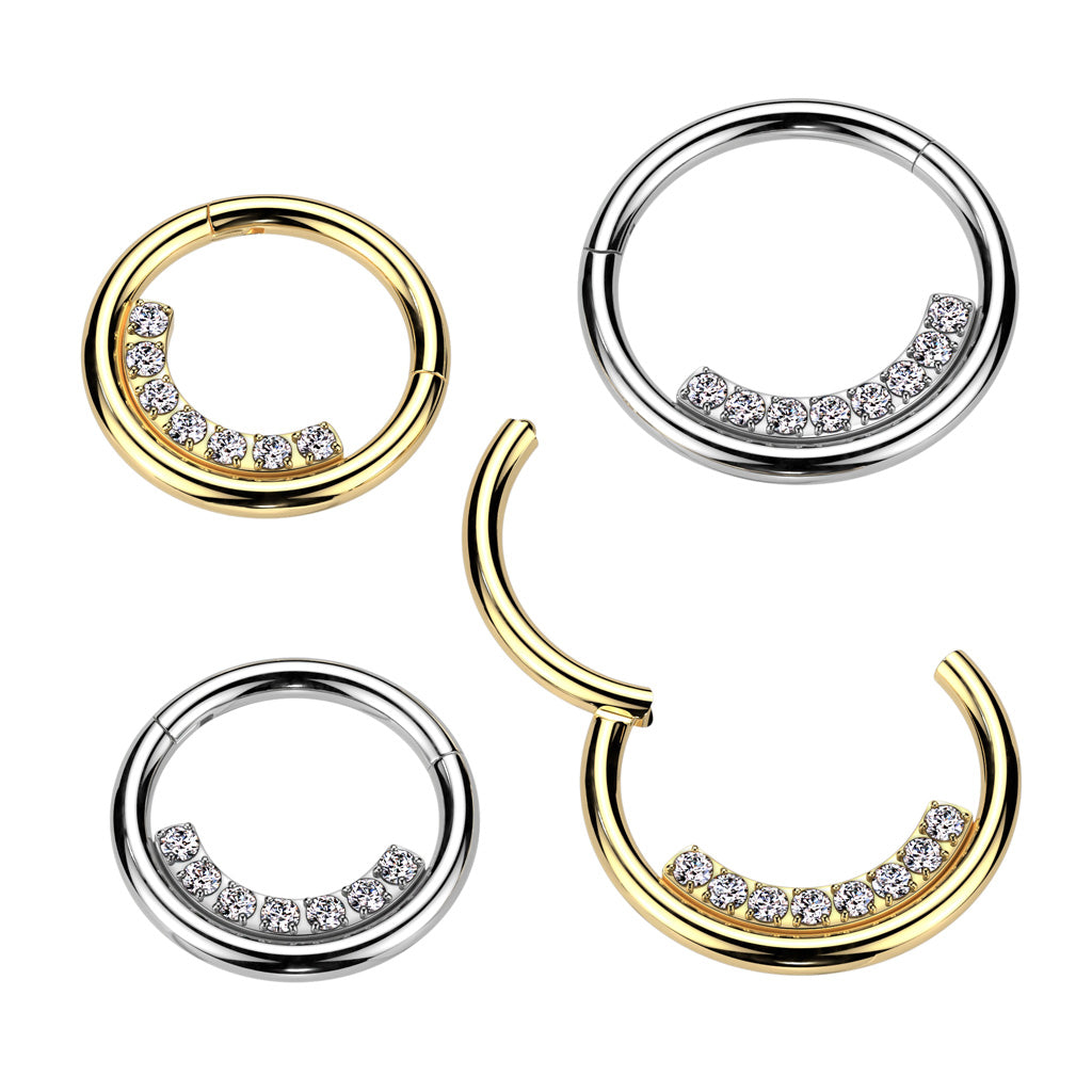 Inner CZ Crystal Lined Hinged Segment Clicker Ring - 316L Stainless Steel