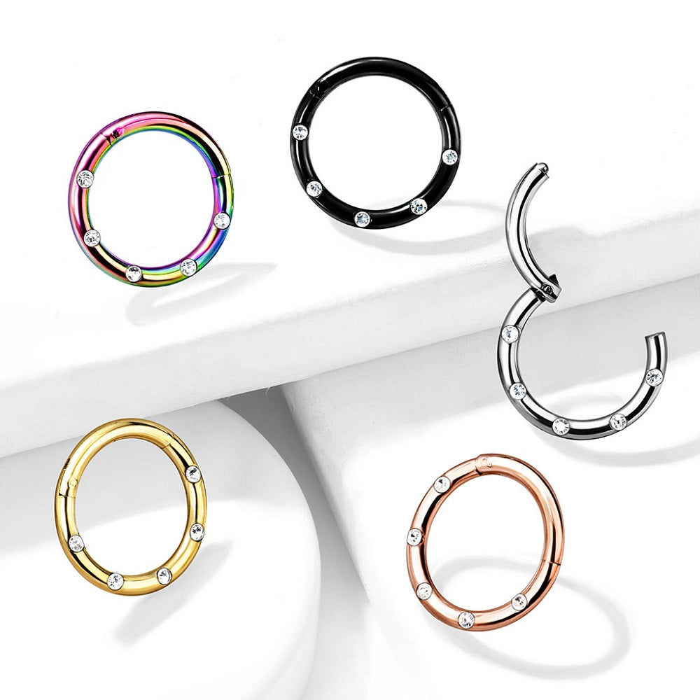 Five CZ Crystal Lined Hinged Segment Ring - Stainless Steel
