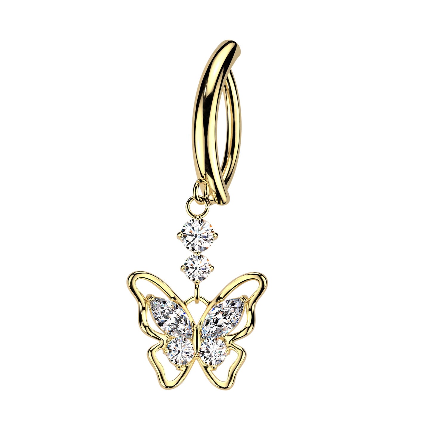 CZ Butterfly Hinged Curved Bar Belly Button Ring - 316L Stainless Steel