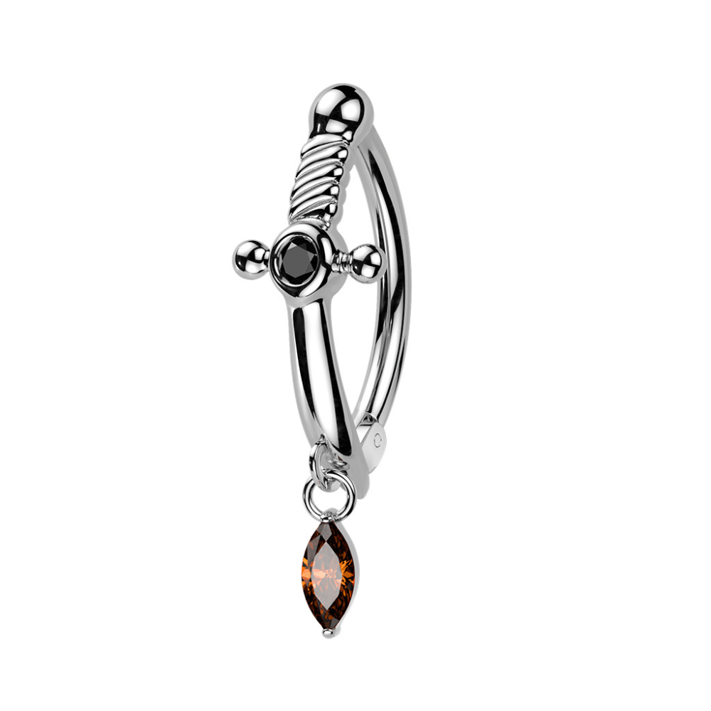 Dagger with Dangling Red CZ Crystal Marquise Hinged Curved Bar Clicker Belly Button Ring - 316L Stainless Steel