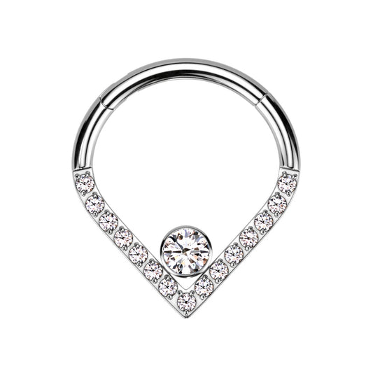 CZ Crystal Center and CZ Crystal Lined Chevron Shaped Hinged Segment Ring - F136 Implant Grade Titanium