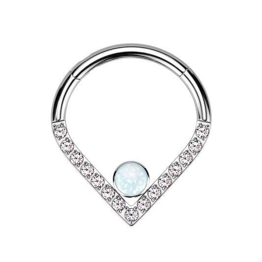 Synthetic Opal Center and CZ Crystal Lined Chevron Shaped Hinged Segment Ring - F136 Implant Grade Titanium