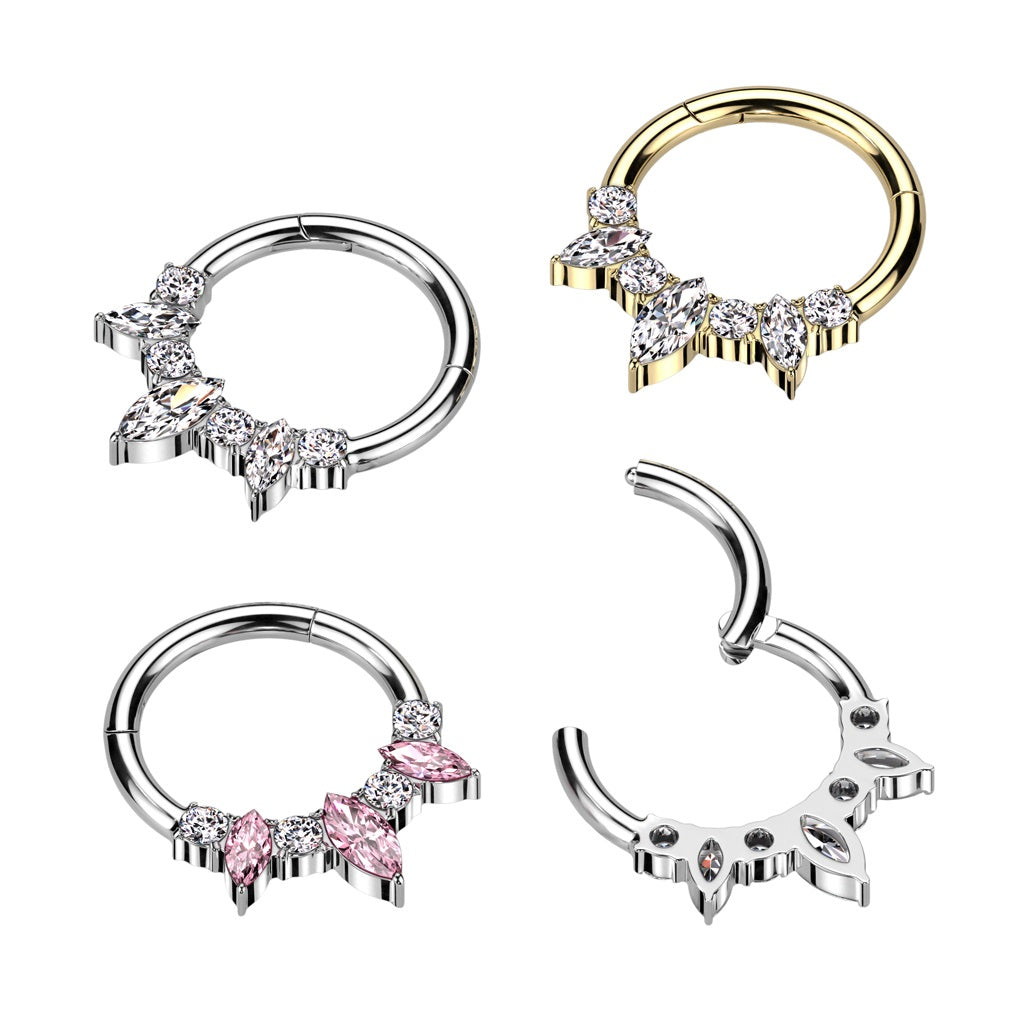 Triple Marquise and CZ Crystal Lined Hinged Segment Ring - F136 Implant Grade Titanium
