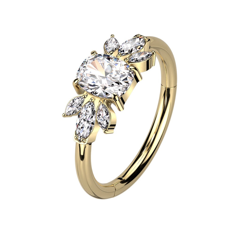 Emerald Cut CZ Crystal with Marquise Leaves Hinged Segment Clicker Ring - ASTM F-136 Implant Grade Titanium