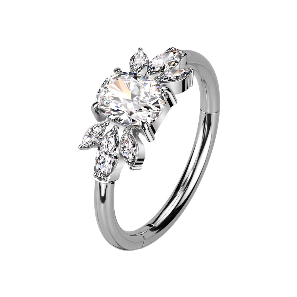 Emerald Cut CZ Crystal with Marquise Leaves Hinged Segment Clicker Ring - ASTM F-136 Implant Grade Titanium