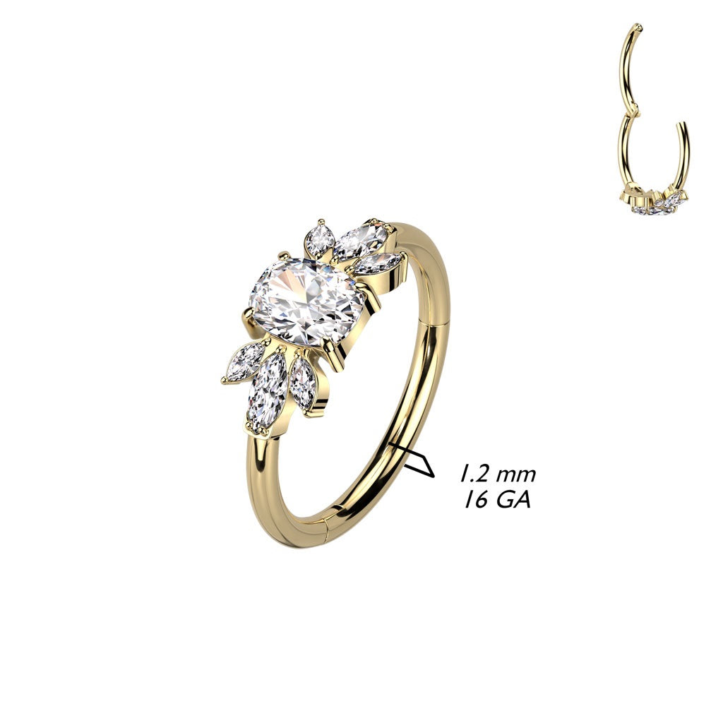 Emerald Cut CZ Crystal with Marquise Leaves Hinged Segment Clicker Ring - ASTM F-136 Implant Grade Titanium