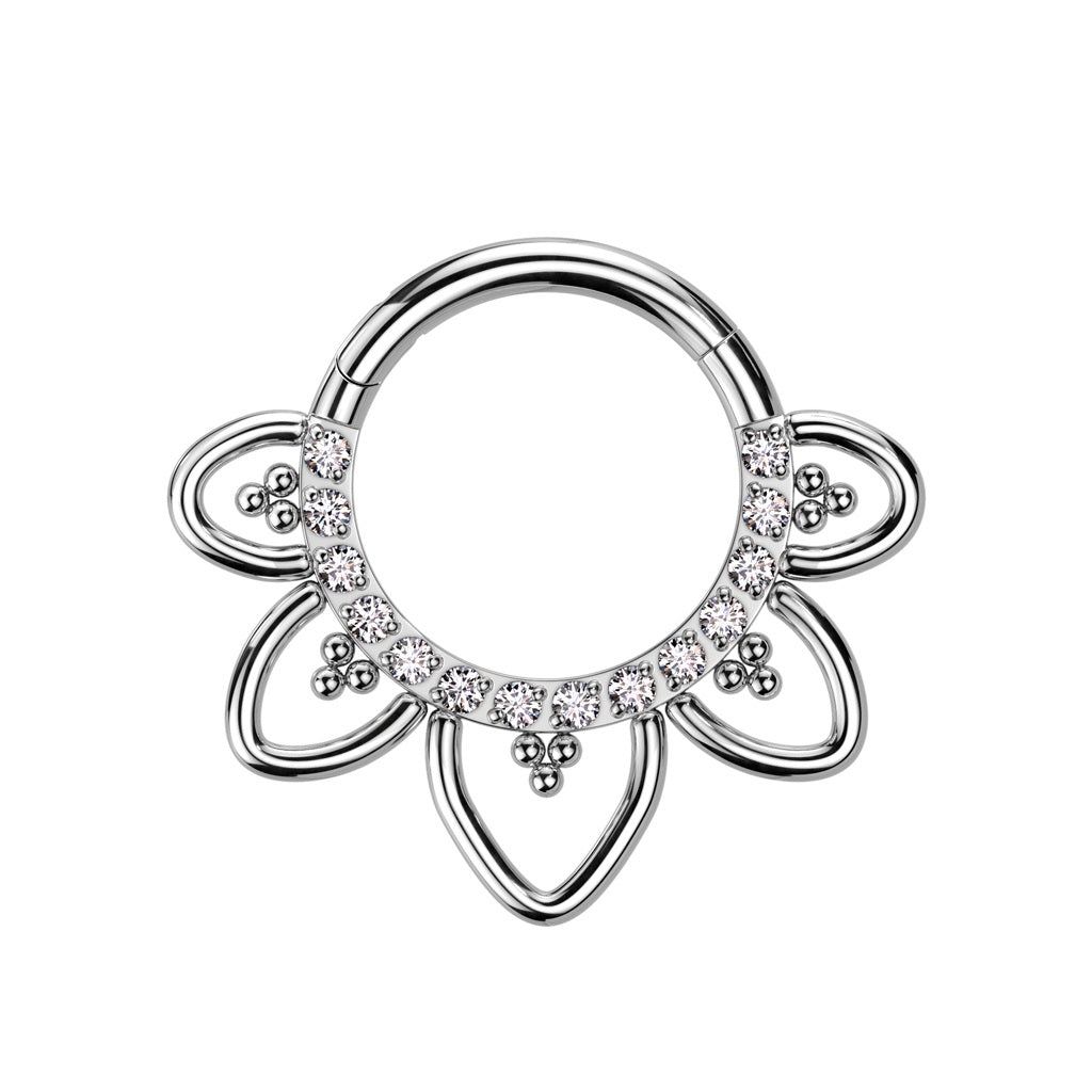 CZ Crystal Paved Heart Filigree Hinged Segment Ring - F136 Implant Grade Titanium