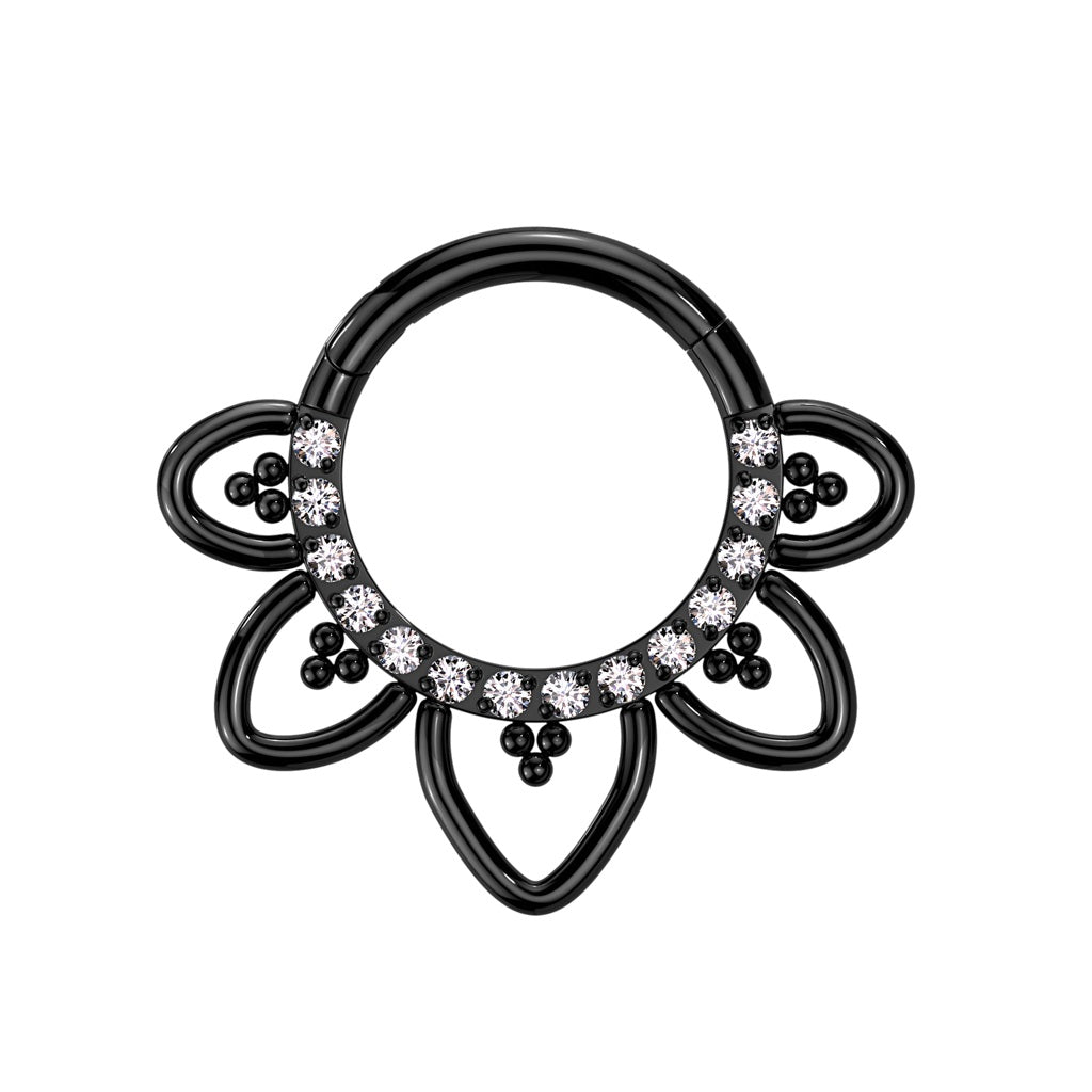 CZ Crystal Paved Heart Filigree Hinged Segment Ring - F136 Implant Grade Titanium