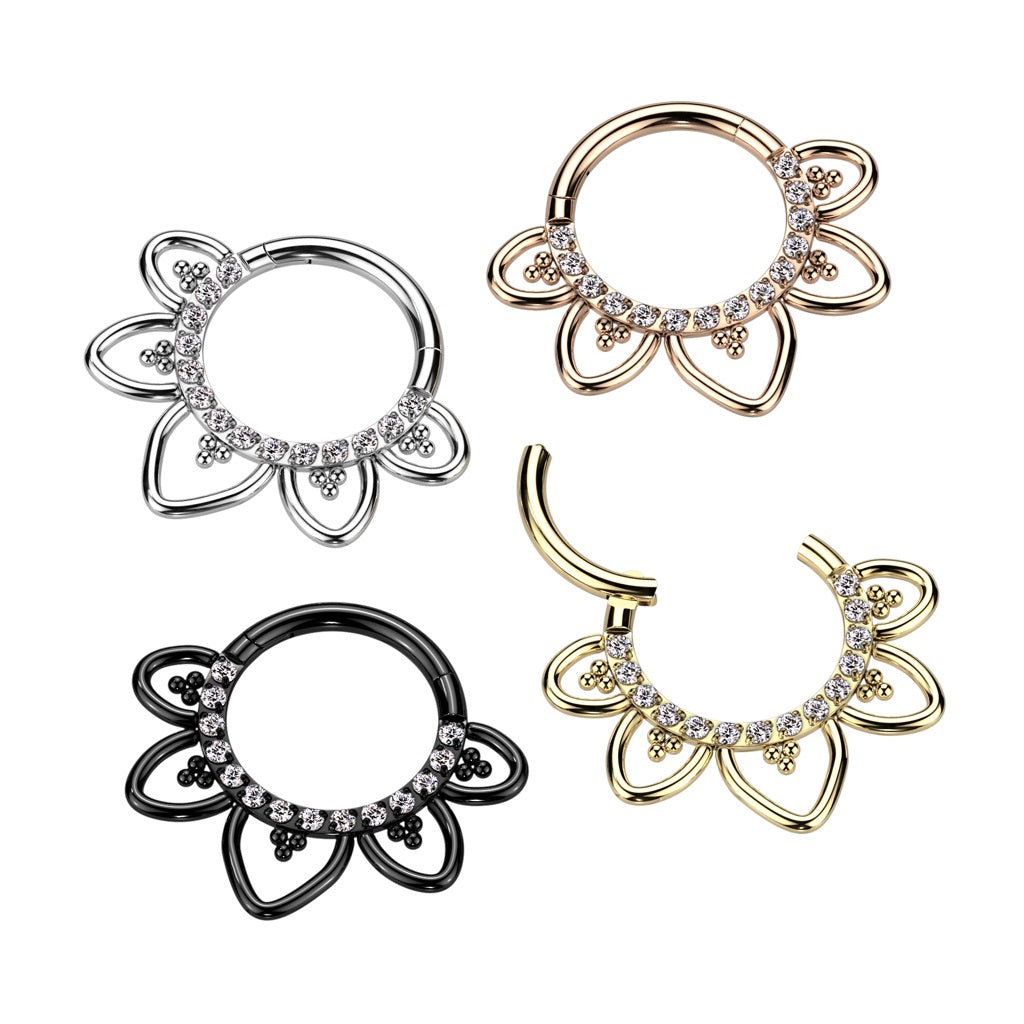 CZ Crystal Paved Heart Filigree Hinged Segment Ring - F136 Implant Grade Titanium