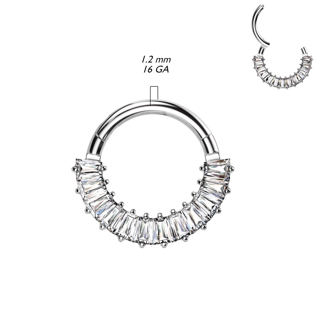 CZ Crystal Baguette Lined Hinged Segment Clicker Ring - ASTM F-136 Implant Grade Titanium
