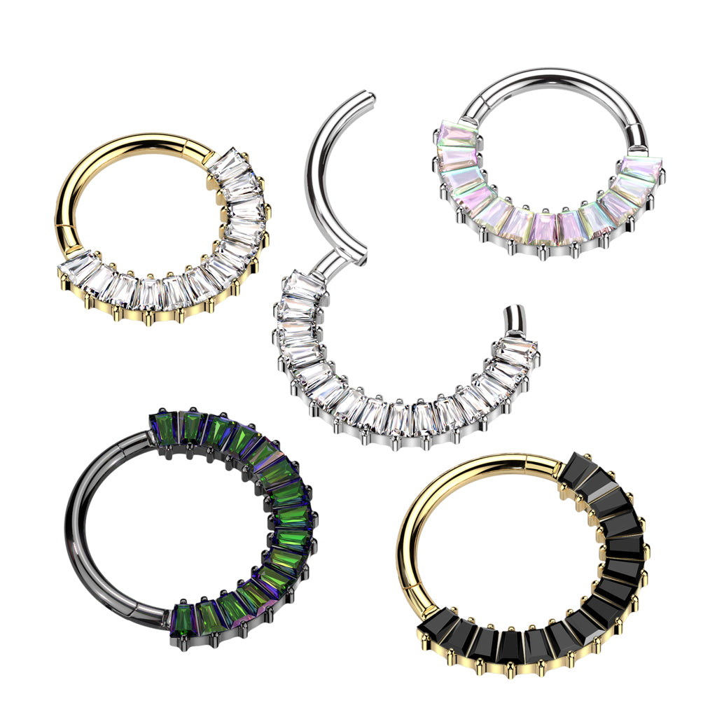 CZ Crystal Baguette Lined Hinged Segment Clicker Ring - ASTM F-136 Implant Grade Titanium