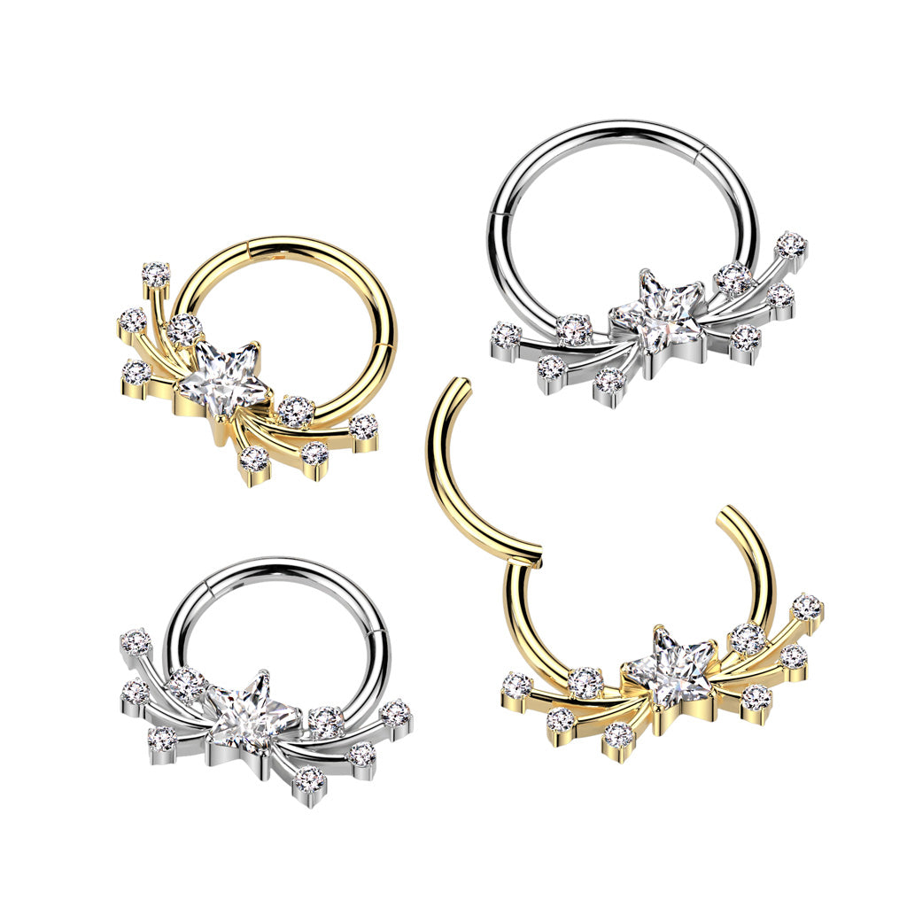 CZ Crystal Shooting Star Center Hinged Segment Clicker Ring - ASTM F-136 Implant Grade Titanium