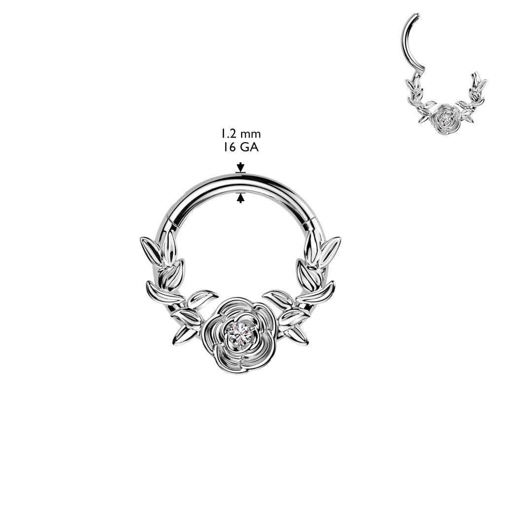 CZ Crystal Rose and Vines Center Hinged Segment Clicker Ring - ASTM F-136 Implant Grade Titanium