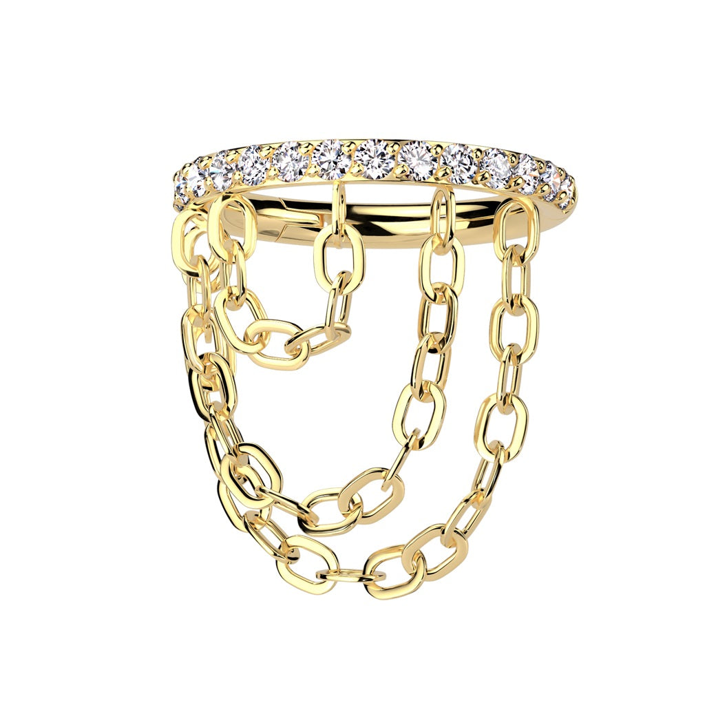 CZ Crystal Lined with Triple Dangling Chains Hinged Segment Clicker Ring - ASTM F-136 Implant Grade Titanium