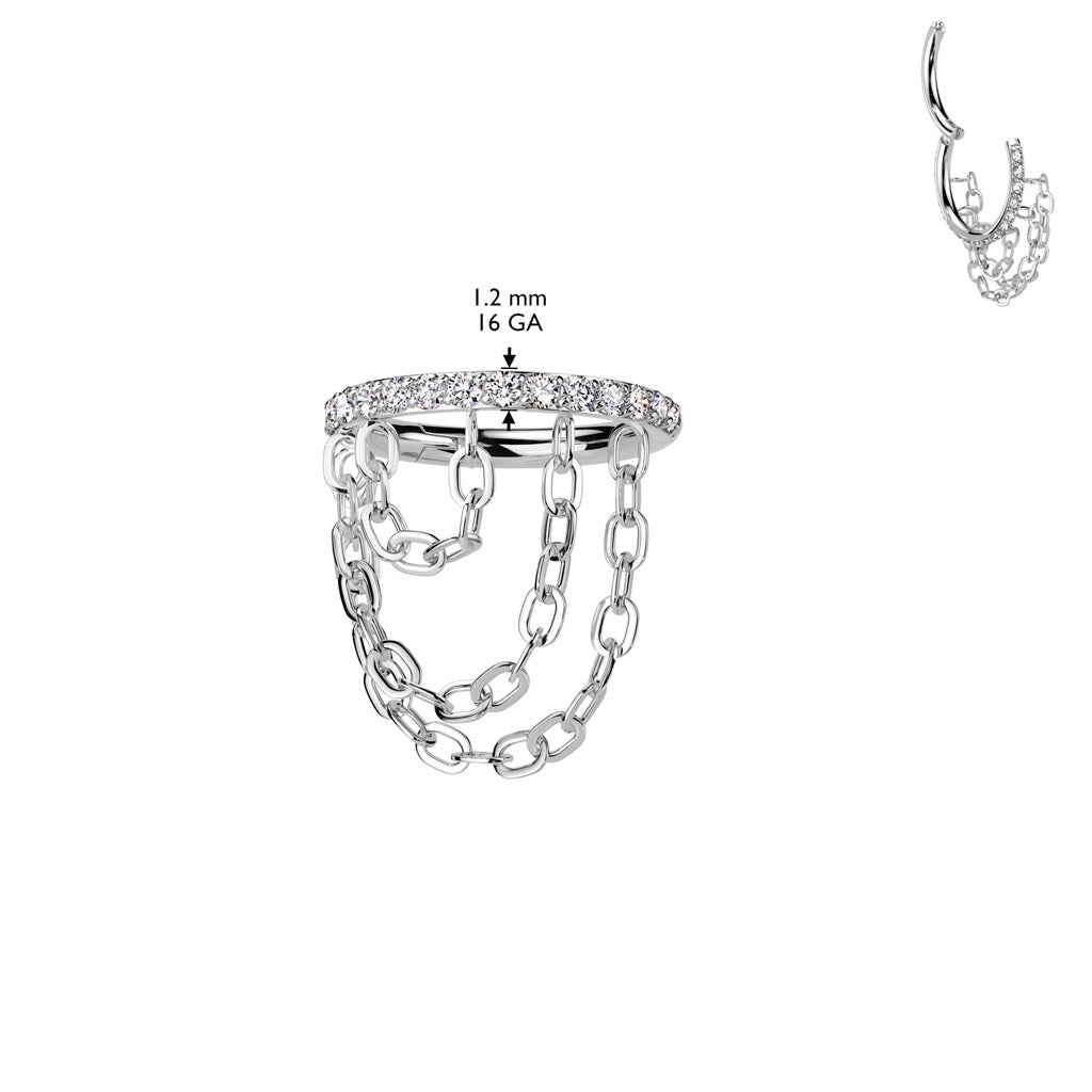 CZ Crystal Lined with Triple Dangling Chains Hinged Segment Clicker Ring - ASTM F-136 Implant Grade Titanium