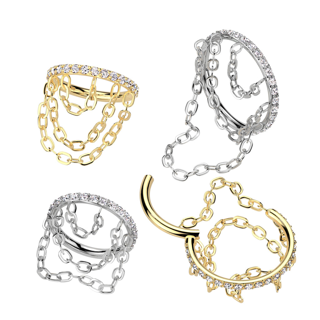 CZ Crystal Lined with Triple Dangling Chains Hinged Segment Clicker Ring - ASTM F-136 Implant Grade Titanium