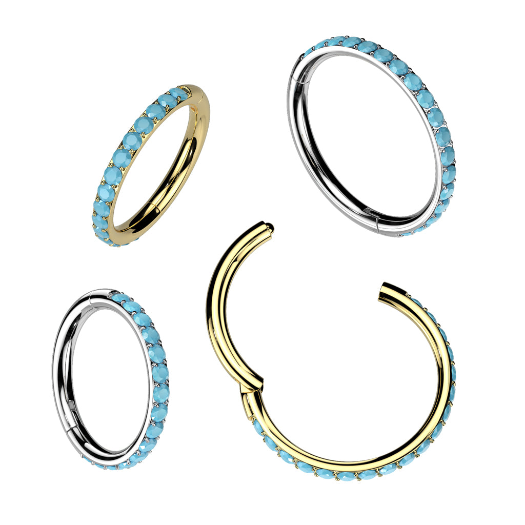 Synthetic Turquoise Lined Outward Facing Hinged Segment Clicker Ring - ASTM F-136 Implant Grade Titanium