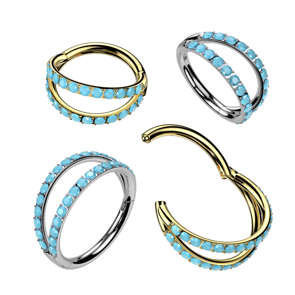 Synthetic Turquoise Lined Double Hoop Hinged Segment Clicker Ring - ASTM F-136 Implant Grade Titanium