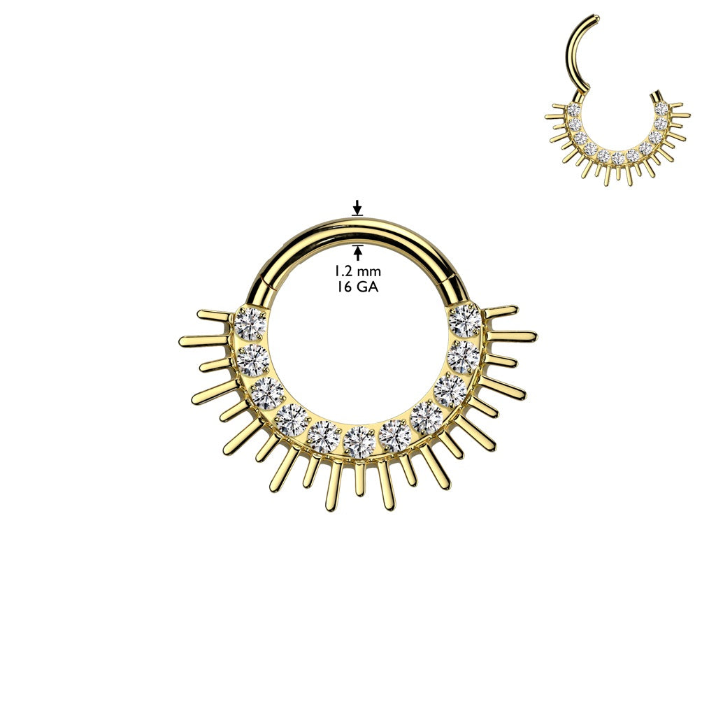 CZ Crystal Paved and Spiked Edge Fan Hinged Segment Clicker Ring - ASTM F-136 Implant Grade Titanium