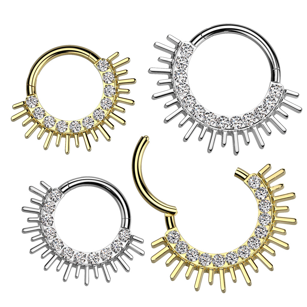 CZ Crystal Paved and Spiked Edge Fan Hinged Segment Clicker Ring - ASTM F-136 Implant Grade Titanium