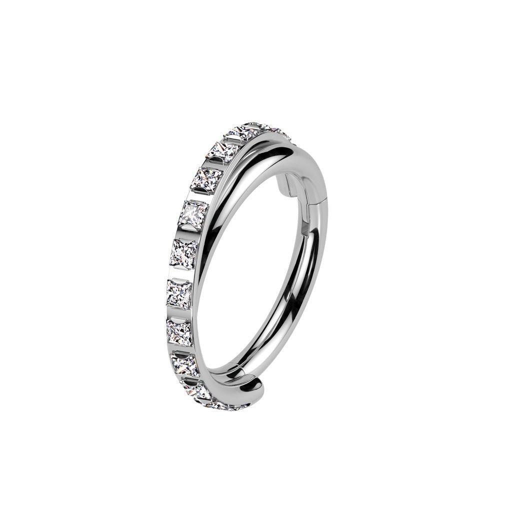 CZ Crystal Paved Double Hoop Criss Cross Hinged Segment Clicker Ring - ASTM F-136 Implant Grade Titanium