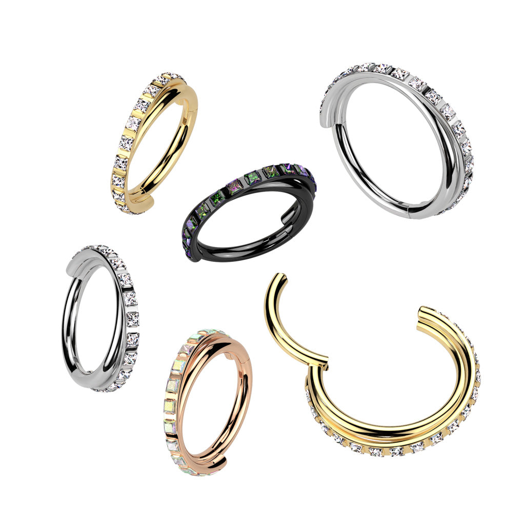 CZ Crystal Paved Double Hoop Criss Cross Hinged Segment Clicker Ring - ASTM F-136 Implant Grade Titanium